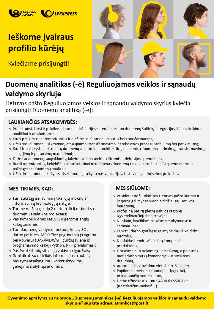 Duomenų analitikas (-ė) Reguliuojamos veiklos ir sąnaudų valdymo skyriuje